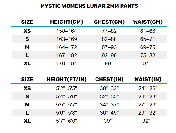 2025 Mystic Womens 2mm Lunar Pants 0 Size Chart